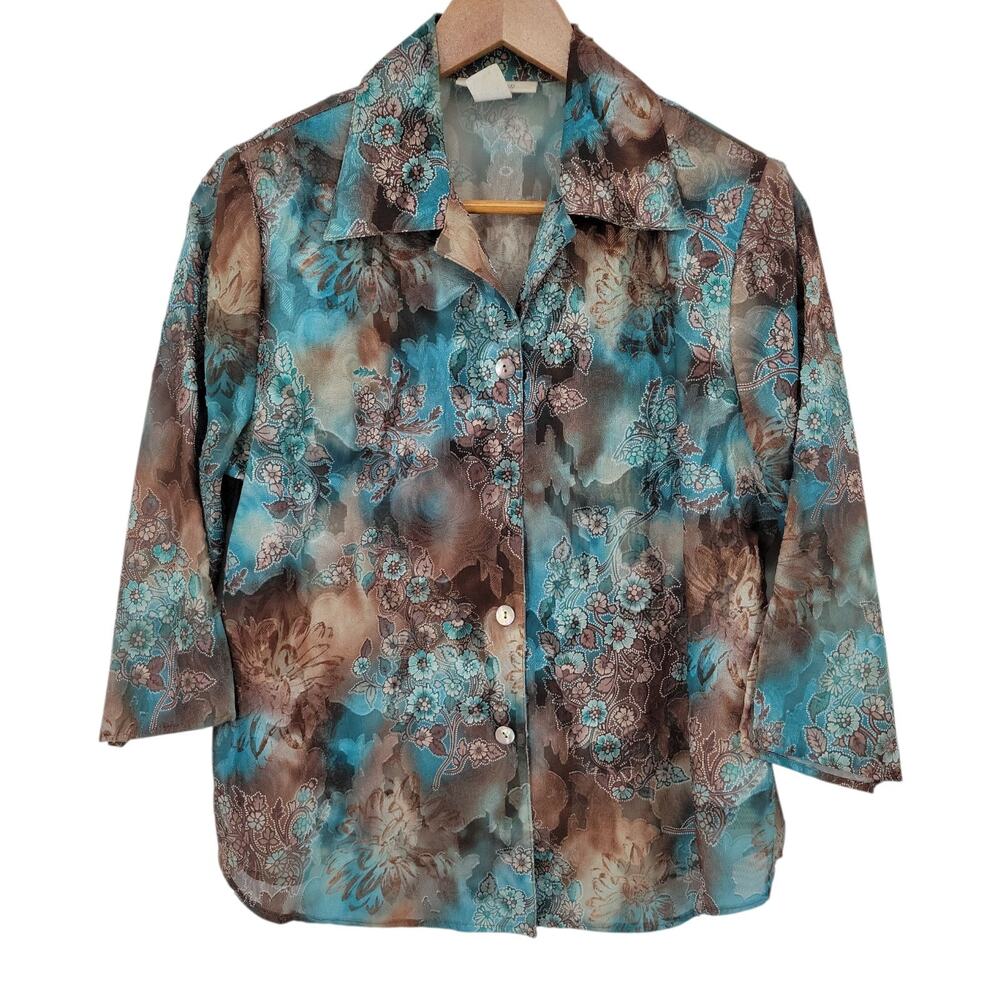 Vintage Dressbarn Floral Top Artsy Watercolor Brown Blue 90s Layered Size PM‎